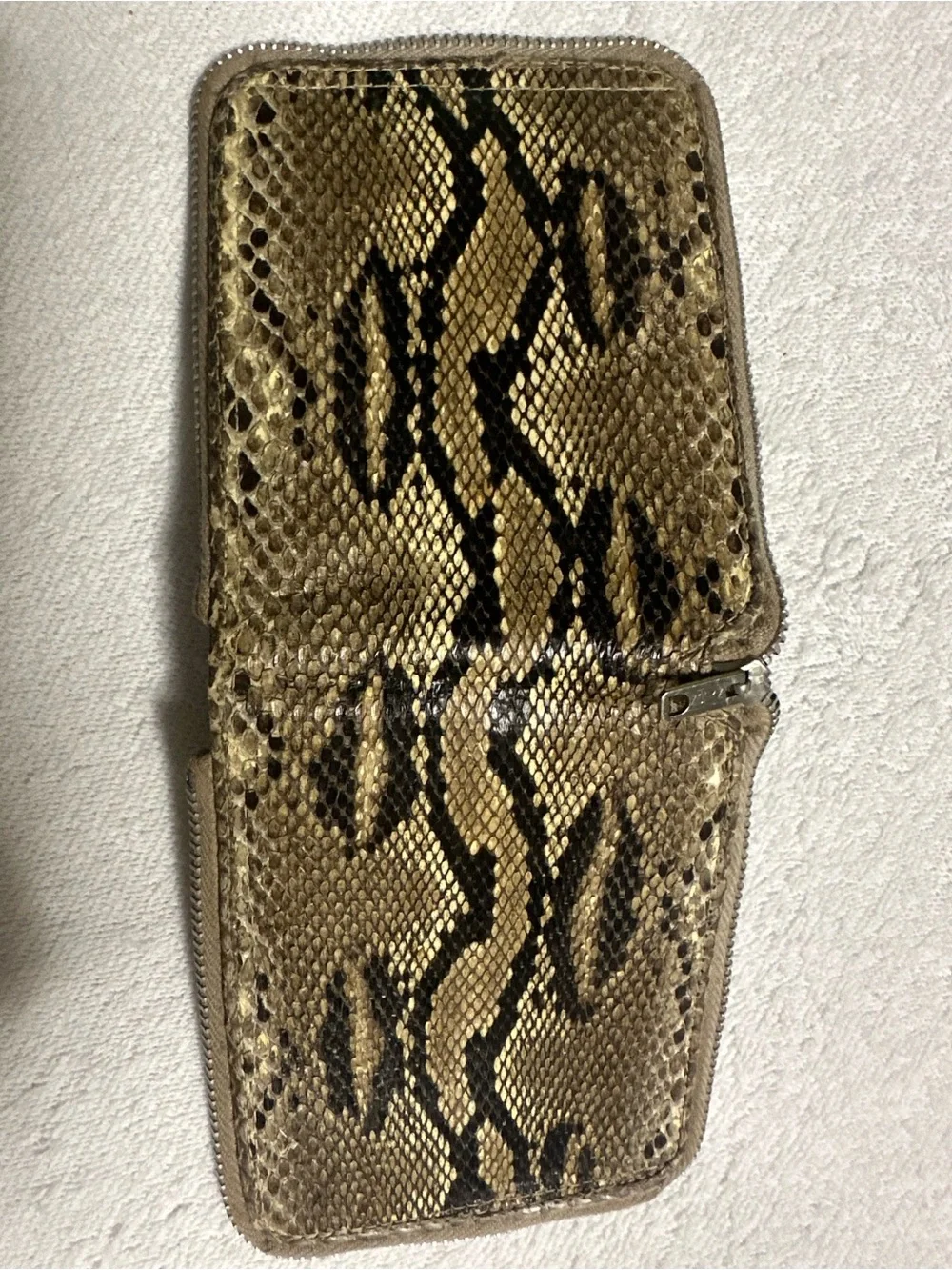 Vintage snakeskin Compact Zip Wallet in Brown with Black Trim. Exotic. Boho.